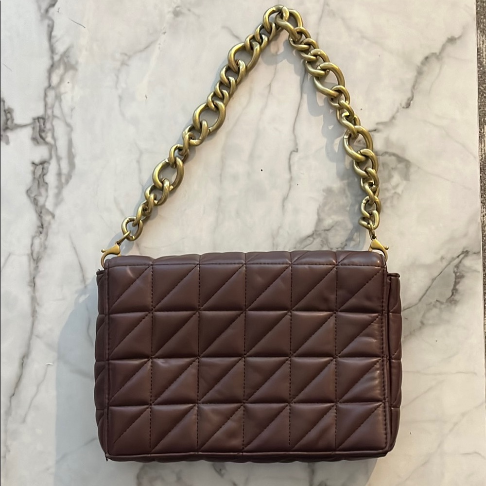 Zara Brown Quilted Chain Shoulder Bag